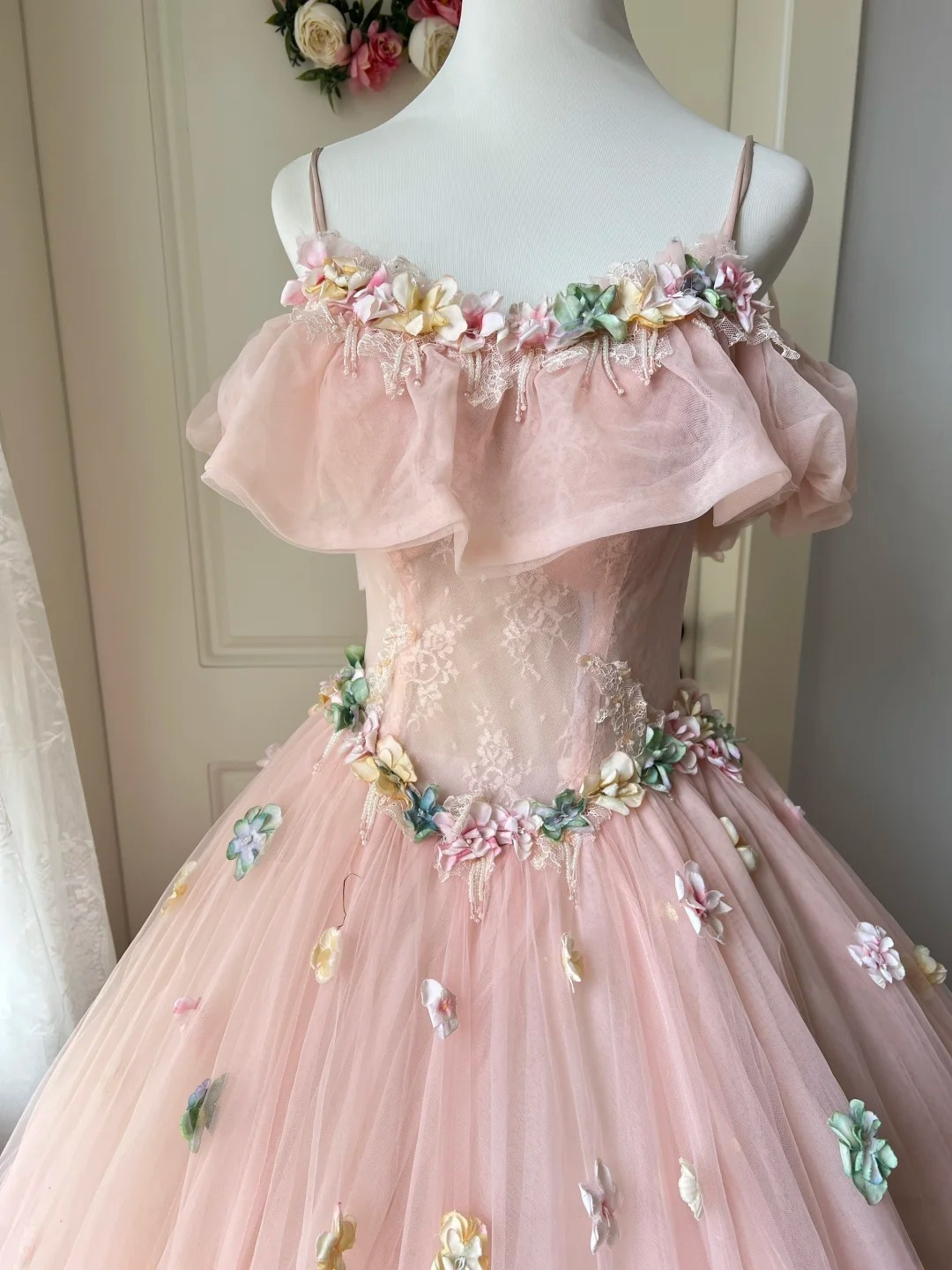 Sweet 16 Quinceanera Dress Ball Gown Spaghetti Straps Pink With Flowers Birthday Party Gown RC0818