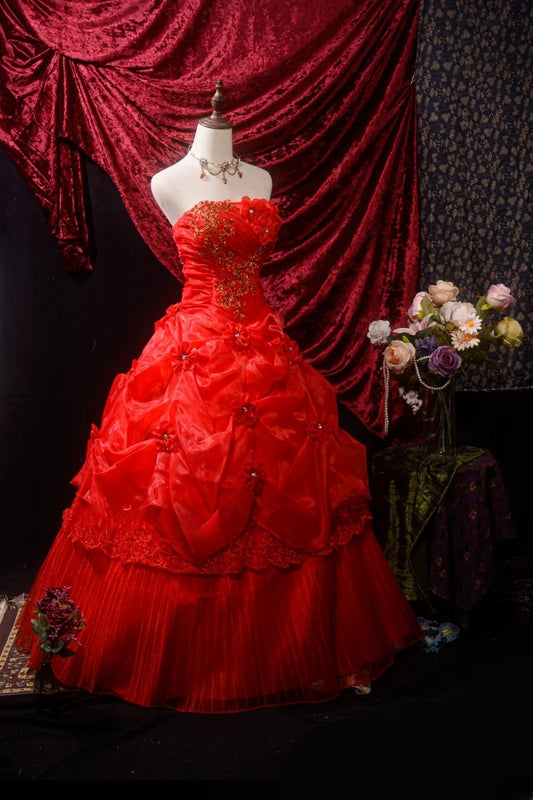 Sweety Ball Gown Red Tulle With Appliqued Strapless Long Quinceanera Dresses For Sweet 15 15 Anos Gown Formal Outfits RB8645