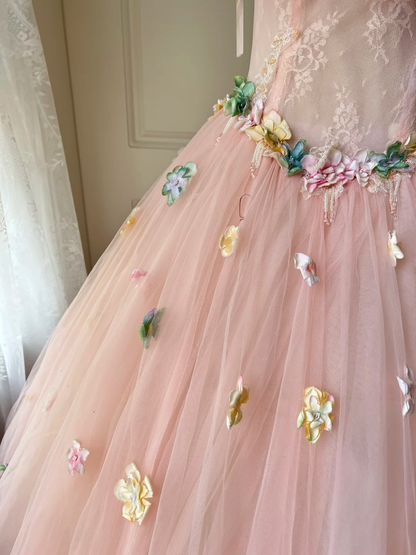 Sweet 16 Quinceanera Dress Ball Gown Spaghetti Straps Pink With Flowers Birthday Party Gown RC0818