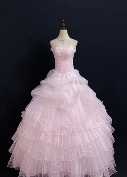 Princesses Fairytale Ball Gown Strapless Tulle Pink Lace Long Quince Dress Quinceanera Dresses Formal Birthday Outfits RB7967
