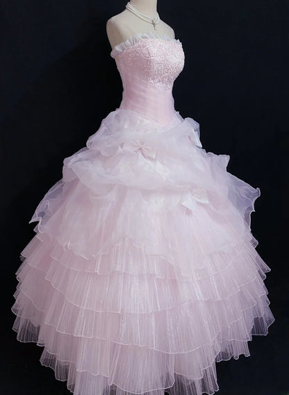 Princesses Fairytale Ball Gown Strapless Tulle Pink Lace Long Quince Dress Quinceanera Dresses Formal Birthday Outfits RB7967