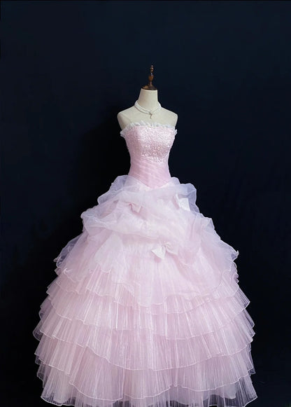 Princesses Fairytale Ball Gown Strapless Tulle Pink Lace Long Quince Dress Quinceanera Dresses Formal Birthday Outfits RB7967