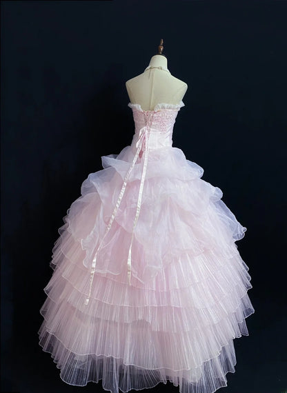 Princesses Fairytale Ball Gown Strapless Tulle Pink Lace Long Quince Dress Quinceanera Dresses Formal Birthday Outfits RB7967