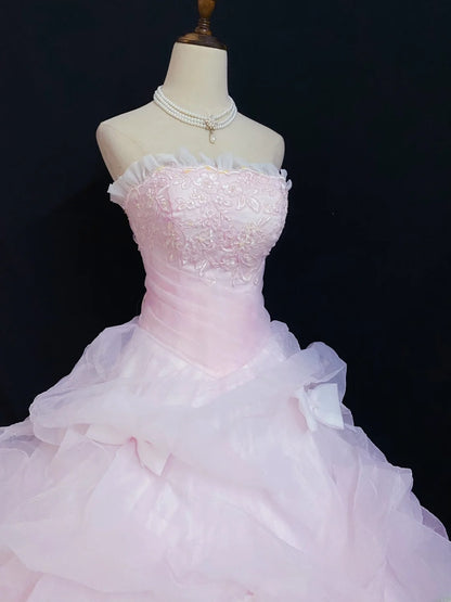 Princesses Fairytale Ball Gown Strapless Tulle Pink Lace Long Quince Dress Quinceanera Dresses Formal Birthday Outfits RB7967