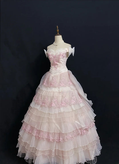 Princesses Fairytale Ball Gown Off The Shoulder Blush Pink With Tiered Lace Quince Dress Quinceanera Dresses Formal 16th Birthday Outfit RB7968