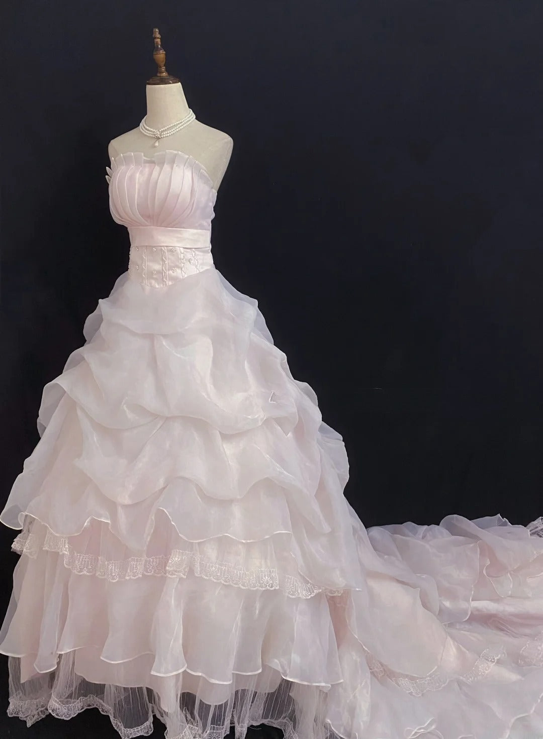 Princesses Fairytale Ball Gown Strapless Tulle Pink Lace Long With Train Quince Dress Quinceanera Dresses Formal Birthday Outfits RB7969