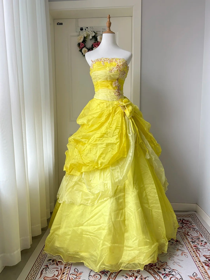 Fairytale Sweet 16 Princess Gown Strapless Yellow Lace Tiered Ruffled Skirt With Folded Floor‑Length RC0820