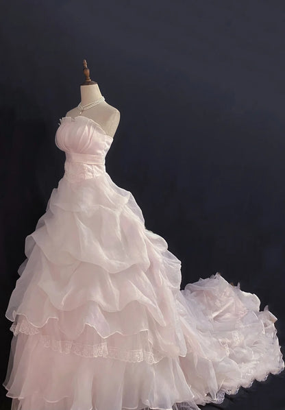 Princesses Fairytale Ball Gown Strapless Tulle Pink Lace Long With Train Quince Dress Quinceanera Dresses Formal Birthday Outfits RB7969