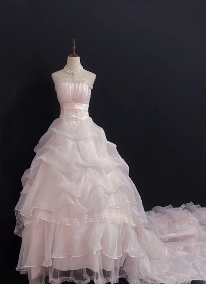 Princesses Fairytale Ball Gown Strapless Tulle Pink Lace Long With Train Quince Dress Quinceanera Dresses Formal Birthday Outfits RB7969