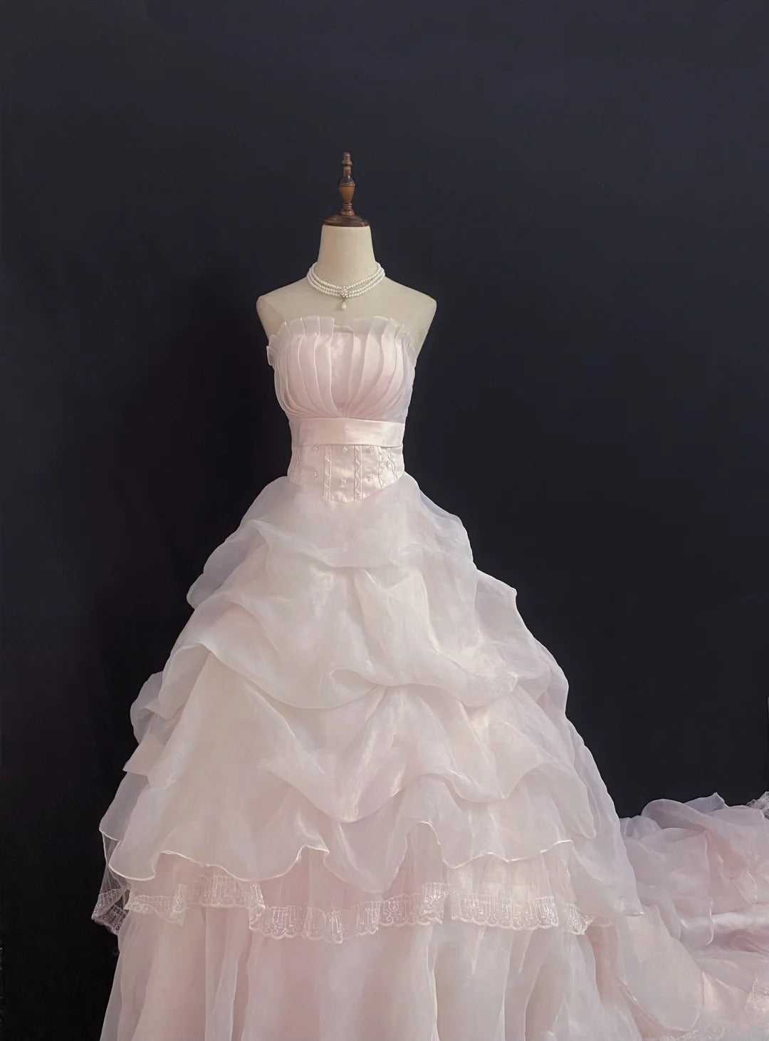 Princesses Fairytale Ball Gown Strapless Tulle Pink Lace Long With Train Quince Dress Quinceanera Dresses Formal Birthday Outfits RB7969