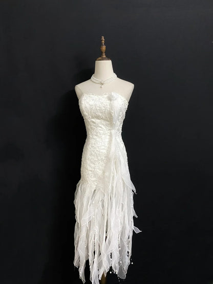 Vintage 80s Sheath Strapless Sleeveless White Tulle With Layers Brides Gown Bridal Dress Wedding Dresses RB8019