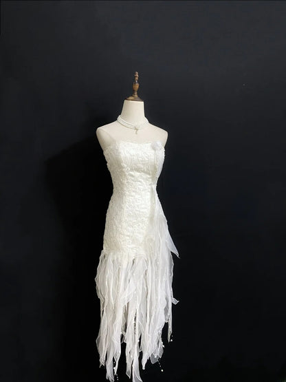 Vintage 80s Sheath Strapless Sleeveless White Tulle With Layers Brides Gown Bridal Dress Wedding Dresses RB8019