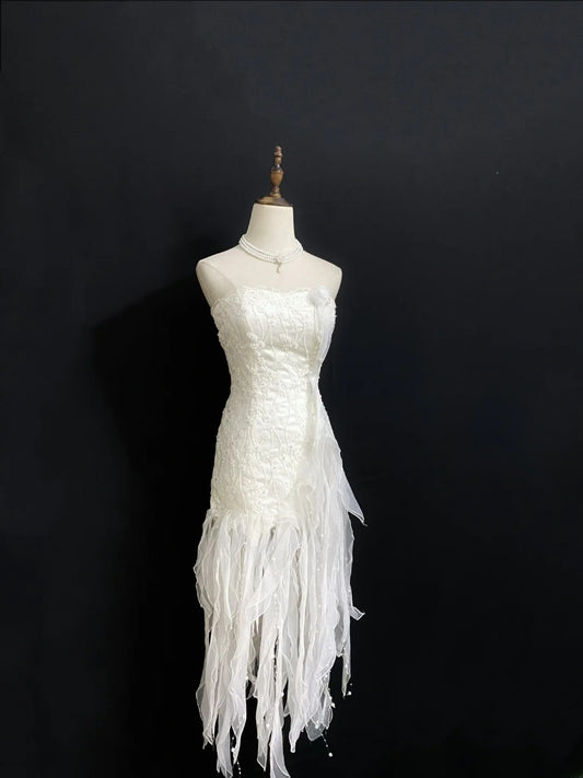 Vintage 80s Sheath Strapless Sleeveless White Tulle With Layers Brides Gown Bridal Dress Wedding Dresses RB8019
