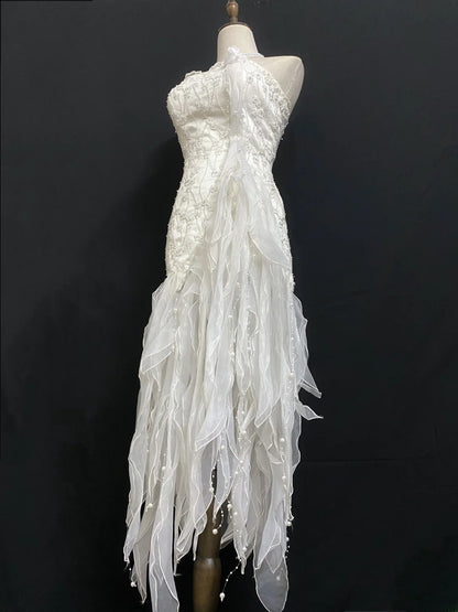 Vintage 80s Sheath Strapless Sleeveless White Tulle With Layers Brides Gown Bridal Dress Wedding Dresses RB8019