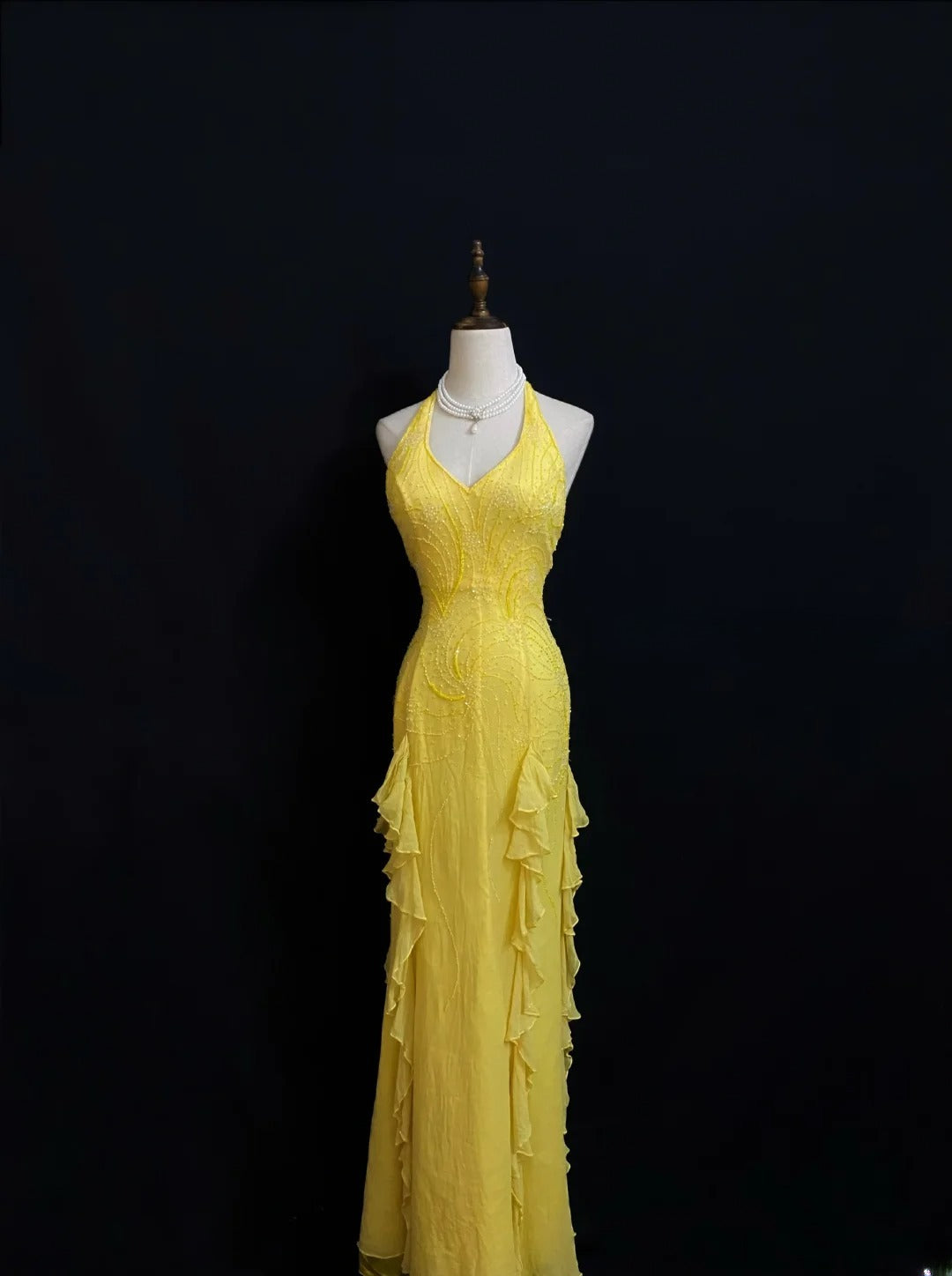 Vintage 80s Mermaid Halter Yellow Backless Chiffon Long Prom Dresses Formal Outfits Evening Night Dress RB7970