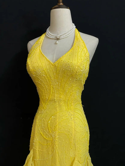 Vintage 80s Mermaid Halter Yellow Backless Chiffon Long Prom Dresses Formal Outfits Evening Night Dress RB7970