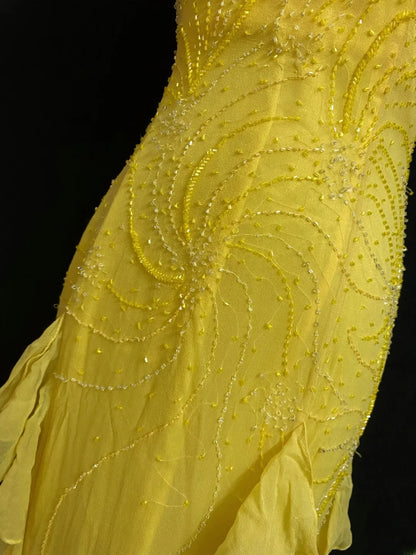 Vintage 80s Mermaid Halter Yellow Backless Chiffon Long Prom Dresses Formal Outfits Evening Night Dress RB7970