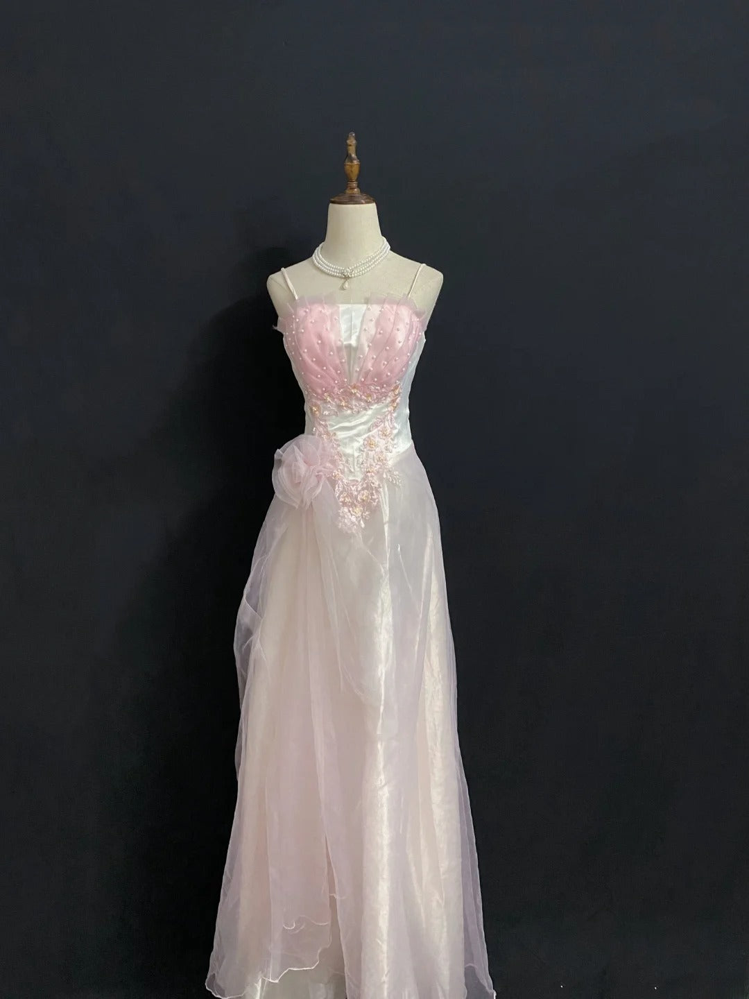 Vintage 80s A Line Spaghetti Strap Pink Tulle Long Prom Dresses Formal Outfits Evening Night Dress RB7971