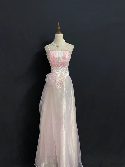 Vintage 80s A Line Spaghetti Strap Pink Tulle Long Prom Dresses Formal Outfits Evening Night Dress RB7971