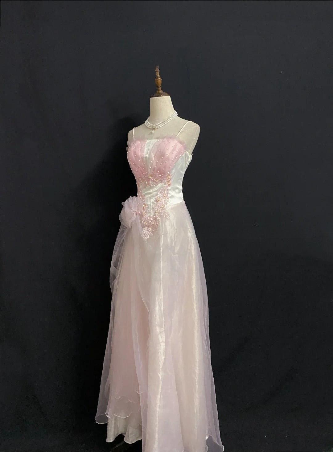 Vintage 80s A Line Spaghetti Strap Pink Tulle Long Prom Dresses Formal Outfits Evening Night Dress RB7971