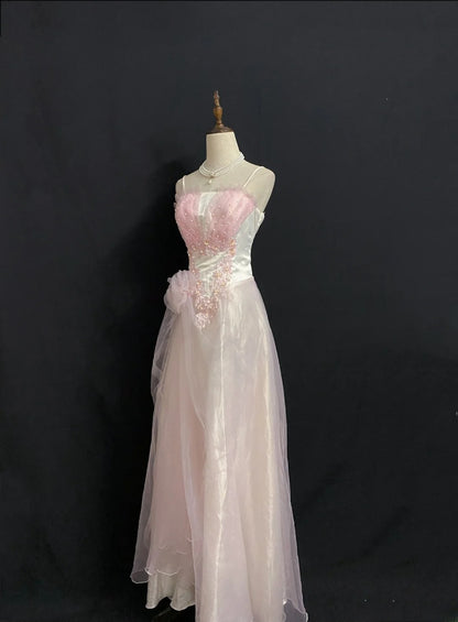 Vintage 80s A Line Spaghetti Strap Pink Tulle Long Prom Dresses Formal Outfits Evening Night Dress RB7971