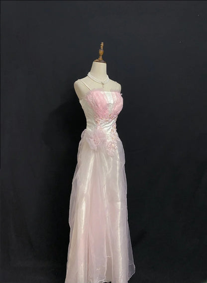 Vintage 80s A Line Spaghetti Strap Pink Tulle Long Prom Dresses Formal Outfits Evening Night Dress RB7971