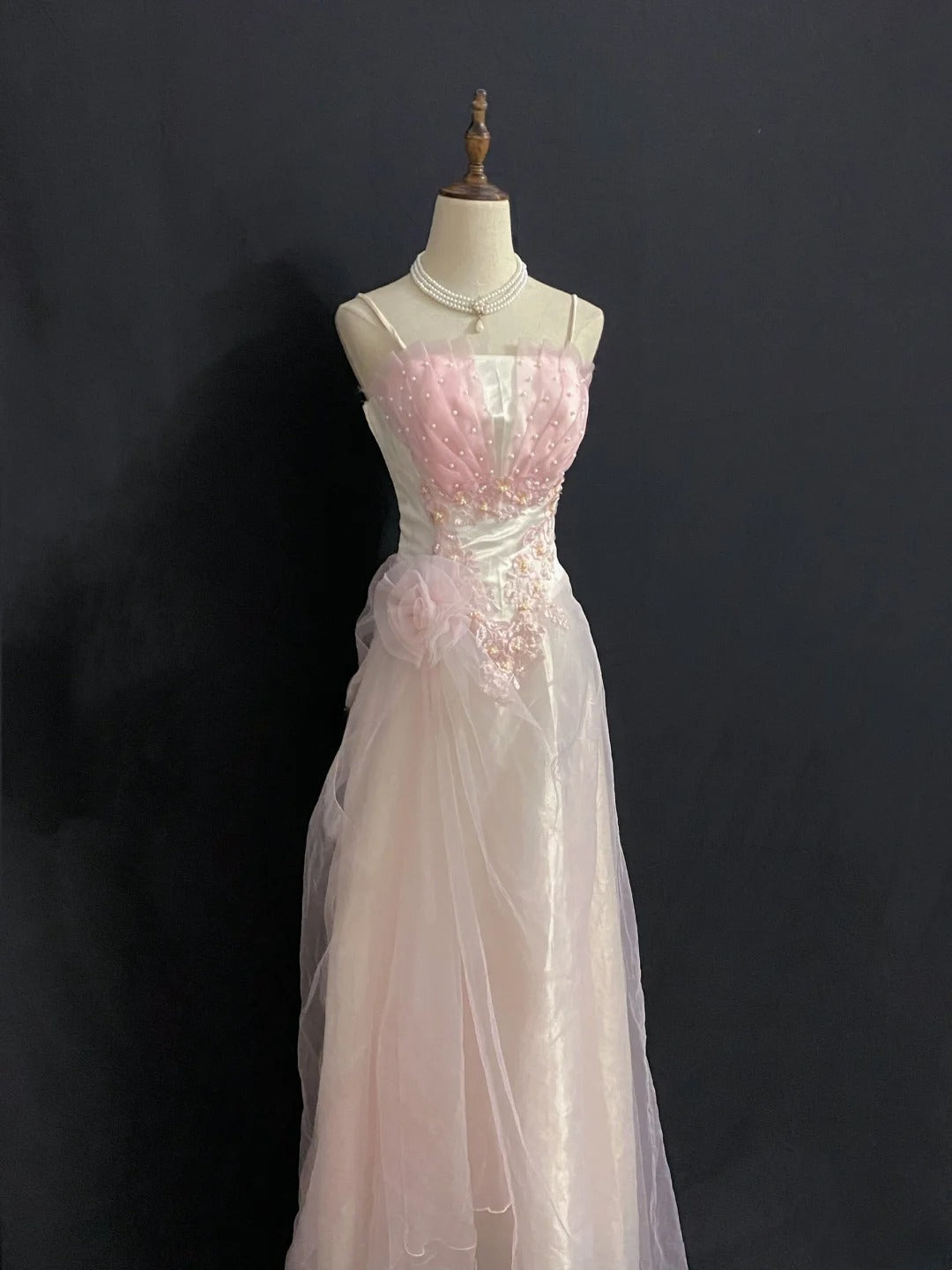 Vintage 80s A Line Spaghetti Strap Pink Tulle Long Prom Dresses Formal Outfits Evening Night Dress RB7971