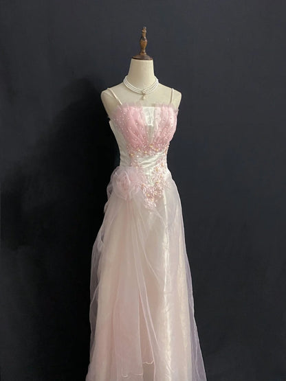 Vintage 80s A Line Spaghetti Strap Pink Tulle Long Prom Dresses Formal Outfits Evening Night Dress RB7971