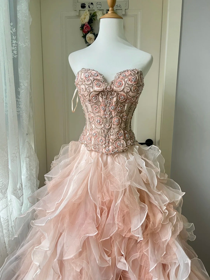 Sweet 16 Quinceanera Kleid Ballkleid Herzausschnitt Pink mit gestuften Lagen Geburtstagsparty Kleid RC0824