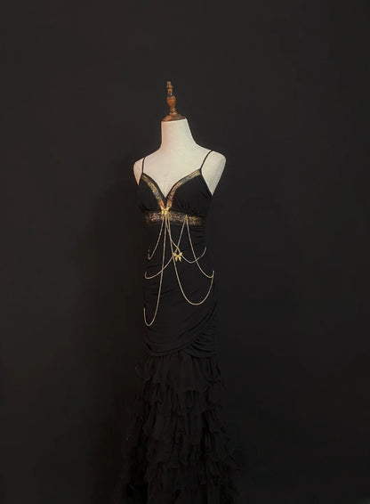Vintage 80s Mermaid Spaghetti Strap Black Tulle Long Prom Dresses Formal Outfits Evening Night Dress RB7973