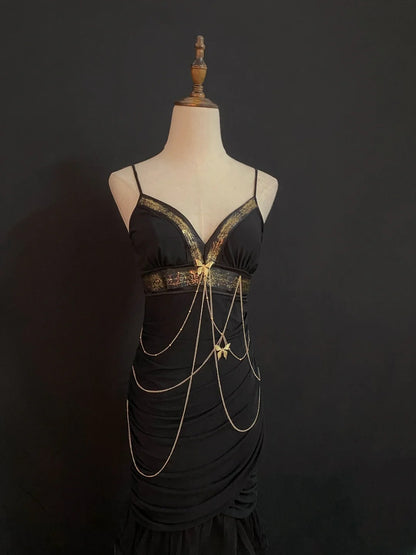 Vintage 80s Mermaid Spaghetti Strap Black Tulle Long Prom Dresses Formal Outfits Evening Night Dress RB7973