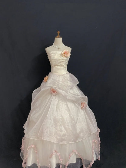 Princesses Fairytale Ball Gown Strapless Tulle Light Pink Long With 3D Flowers Quince Dress Quinceanera Dresses Formal Birthday Outfits RB7974