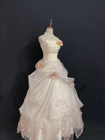 Princesses Fairytale Ball Gown Strapless Tulle Light Pink Long With 3D Flowers Quince Dress Quinceanera Dresses Formal Birthday Outfits RB7974