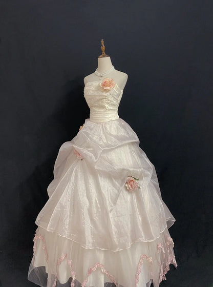 Princesses Fairytale Ball Gown Strapless Tulle Light Pink Long With 3D Flowers Quince Dress Quinceanera Dresses Formal Birthday Outfits RB7974