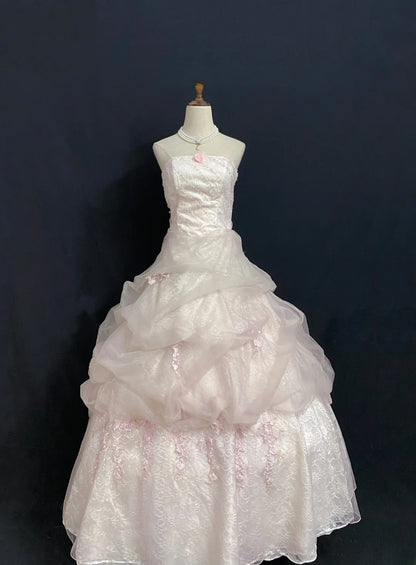 Princesses Fairytale Ball Gown Strapless Tulle Light Pink Long With Beading Quince Dress Quinceanera Dresses Formal Birthday Outfits RB7975