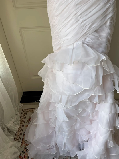 White Wedding Dress Modest Spaghetti Straps Mermaid With Tiered Layers Chiffon Long Bridal Gown RC0830