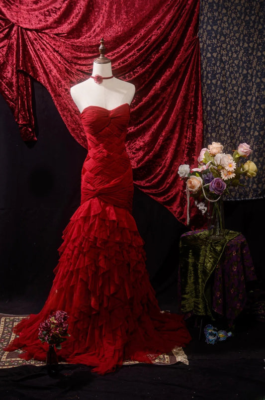 Modest Mermaid Sweetheart Red Tulle Prom Dresses Inspiration Party Senior Dance Formal Dresses RB8649
