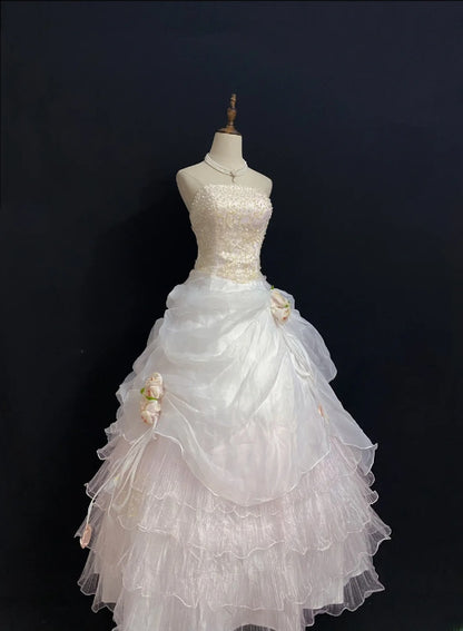 Princesses Fairytale Ball Gown Strapless Pink Long With Gold Lace Flowers Quince Dress Quinceanera Dresses Formal Birthday Outfits RB7978
