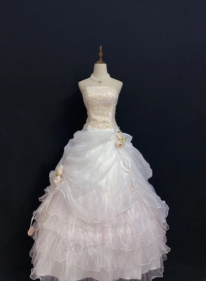 Princesses Fairytale Ball Gown Strapless Pink Long With Gold Lace Flowers Quince Dress Quinceanera Dresses Formal Birthday Outfits RB7978
