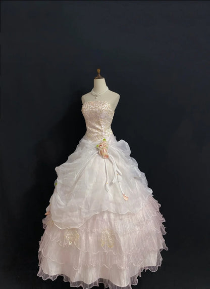 Princesses Fairytale Ball Gown Strapless Light Pink Long With Gold Lace Flowers Quince Dress Quinceanera Dresses Formal Birthday Outfits RB7979