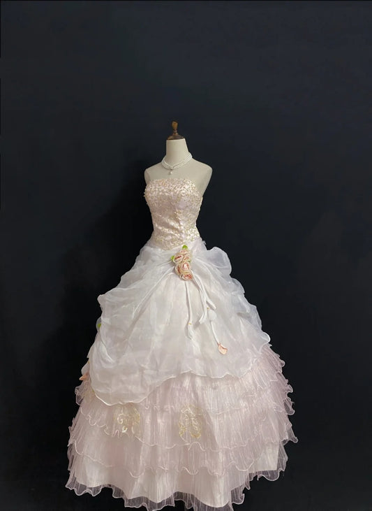 Princesses Fairytale Ball Gown Strapless Light Pink Long With Gold Lace Flowers Quince Dress Quinceanera Dresses Formal Birthday Outfits RB7979