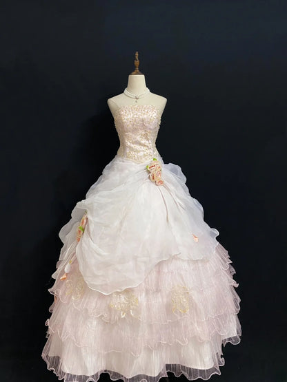 Princesses Fairytale Ball Gown Strapless Light Pink Long With Gold Lace Flowers Quince Dress Quinceanera Dresses Formal Birthday Outfits RB7979
