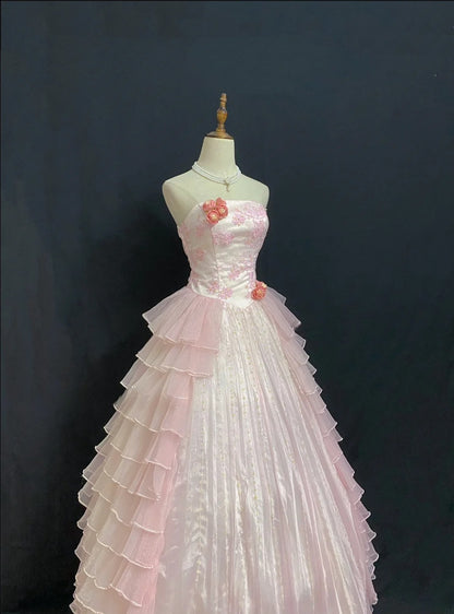 Princesses Fairytale Ball Gown Strapless Pink With Flowers Tiered Layers Quince Dress Quinceanera Dresses Formal 17th Birthday Outfit RB7980