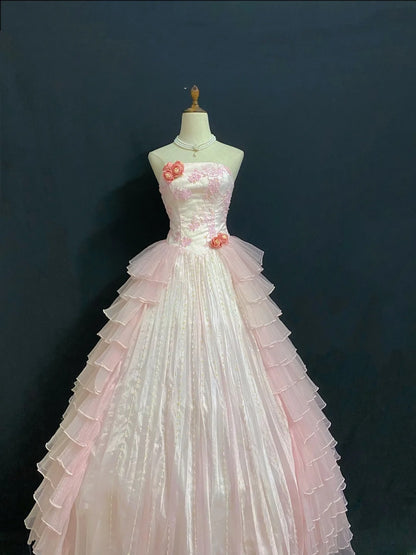Princesses Fairytale Ball Gown Strapless Pink With Flowers Tiered Layers Quince Dress Quinceanera Dresses Formal 17th Birthday Outfit RB7980