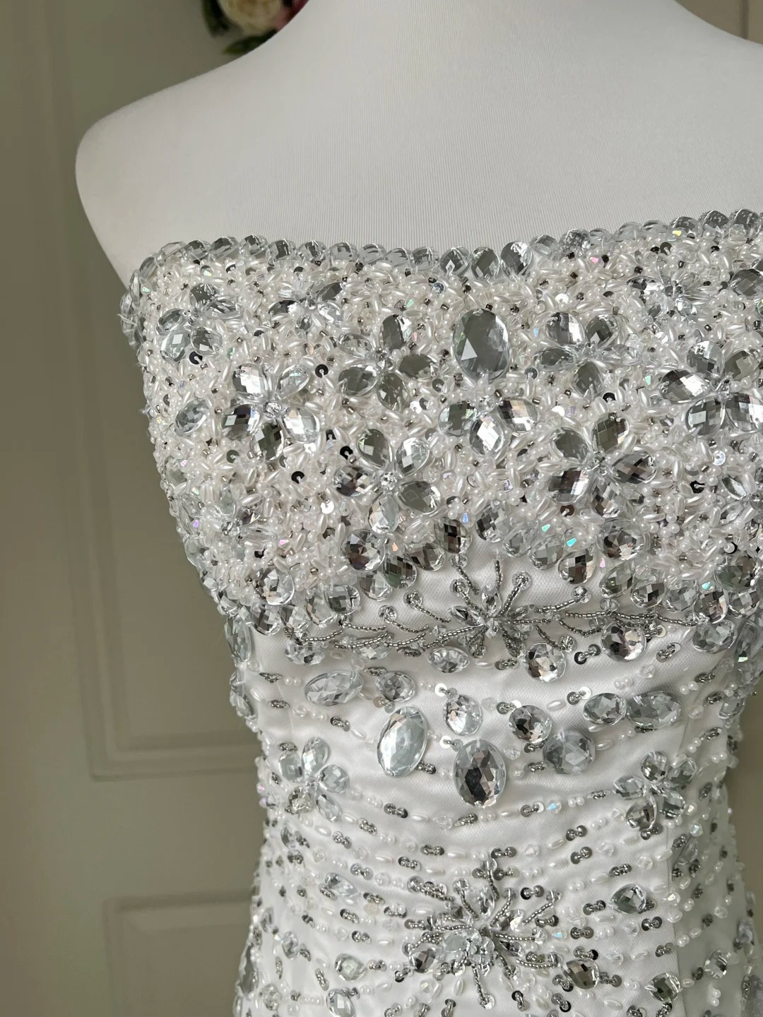 White Wedding Dress Modest Strapless Mermaid With Silver Beading Train Long Bridal Gown RC0835