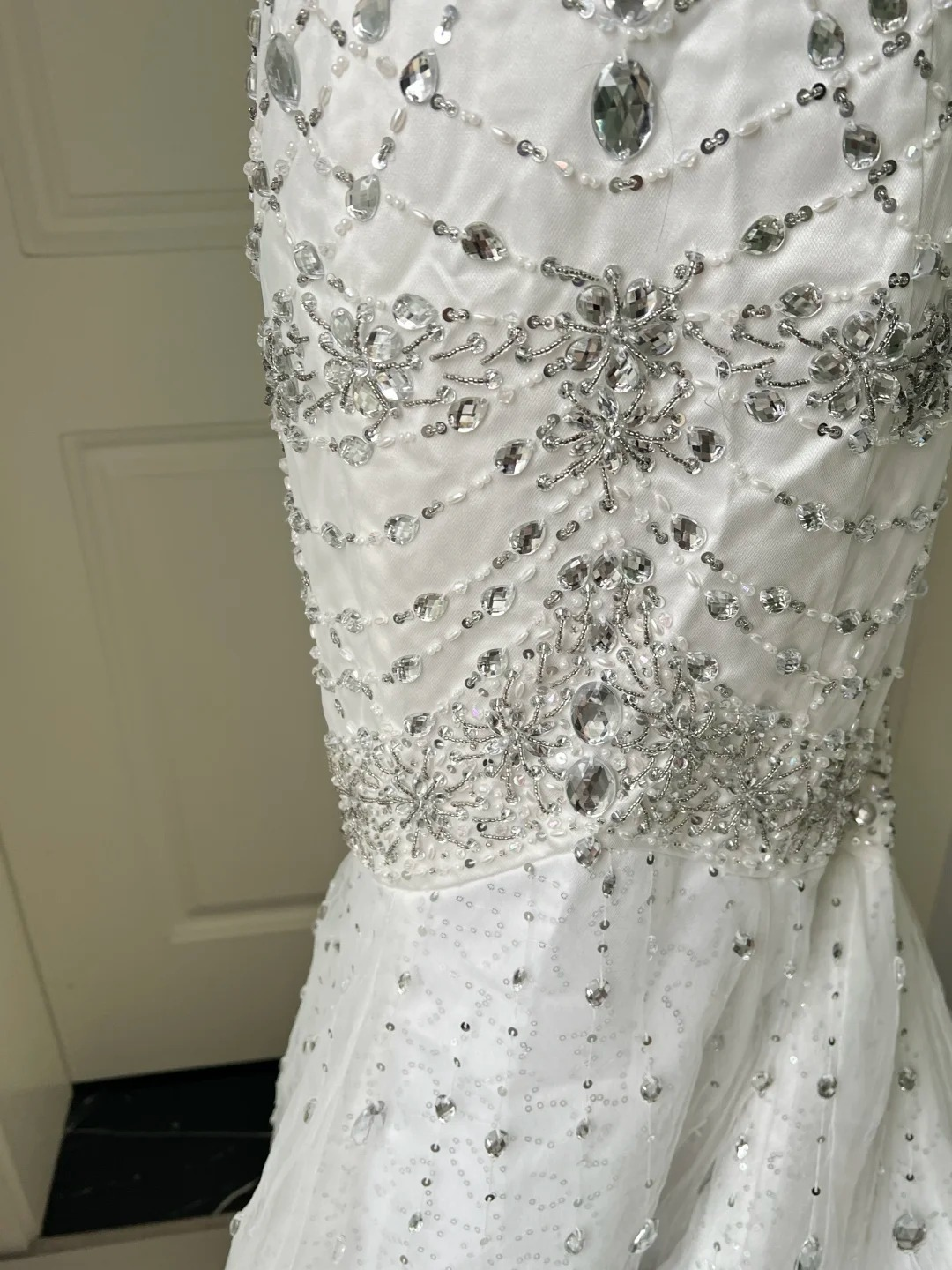 White Wedding Dress Modest Strapless Mermaid With Silver Beading Train Long Bridal Gown RC0835
