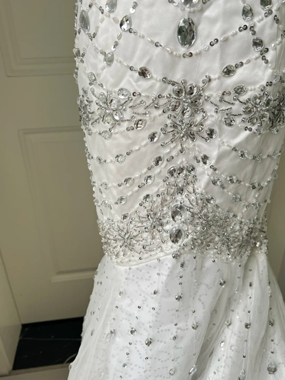White Wedding Dress Modest Strapless Mermaid With Silver Beading Train Long Bridal Gown RC0835