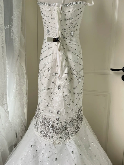 White Wedding Dress Modest Strapless Mermaid With Silver Beading Train Long Bridal Gown RC0835