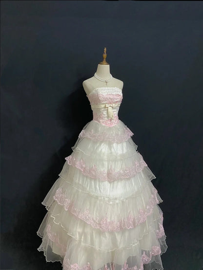 Princesses Fairytale Ball Gown Strapless Pink With Appliqued Tiered Layers Quince Dress Quinceanera Dresses Formal 17th Birthday Outfit RB7981