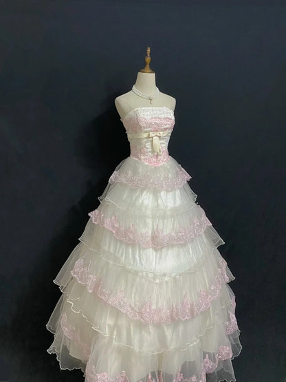 Princesses Fairytale Ball Gown Strapless Pink With Appliqued Tiered Layers Quince Dress Quinceanera Dresses Formal 17th Birthday Outfit RB7981